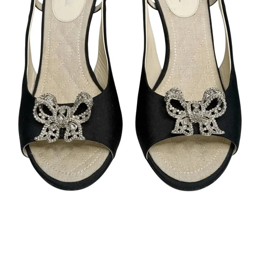 Chanel Slingback Sandal Grosgrain Crystal CC Logo Bow Heels EU 38 Black Peep Toe - Picture 3 of 12